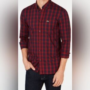 Lacoste Men's Maroon and Black Plaid Button Shirt Size Large